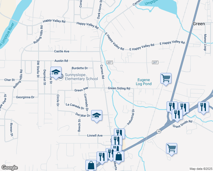map of restaurants, bars, coffee shops, grocery stores, and more near 4178 Carnes Road in Roseburg