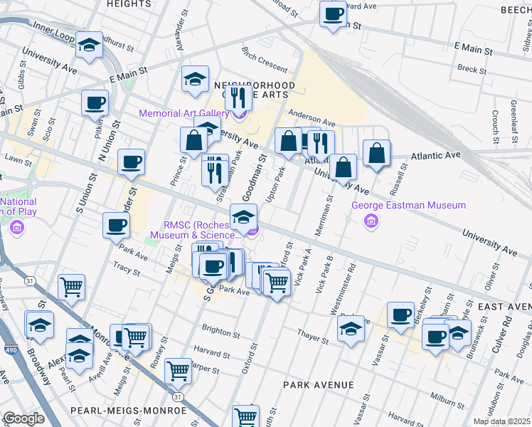 map of restaurants, bars, coffee shops, grocery stores, and more near 688 East Avenue in Rochester