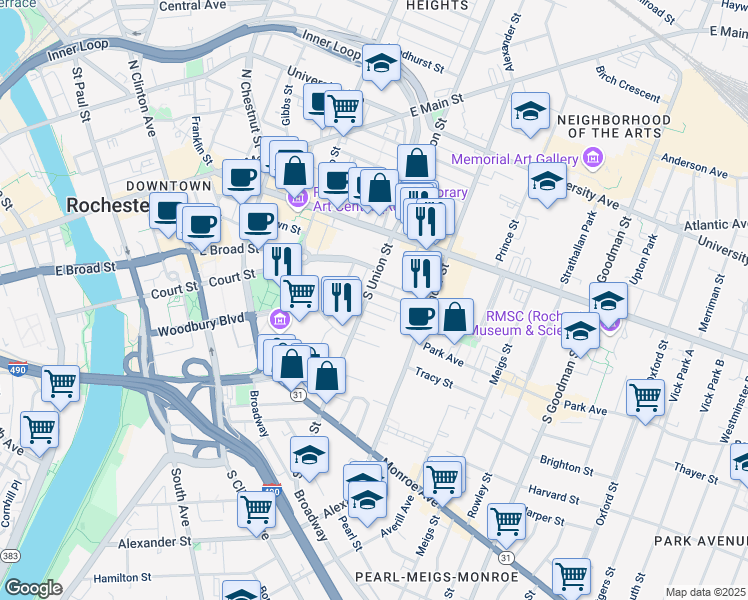 map of restaurants, bars, coffee shops, grocery stores, and more near 49 South Union Street in Rochester