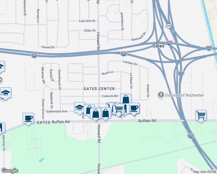 map of restaurants, bars, coffee shops, grocery stores, and more near 56 Miramar Road in Rochester