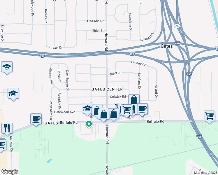map of restaurants, bars, coffee shops, grocery stores, and more near 540 Howard Road in Rochester