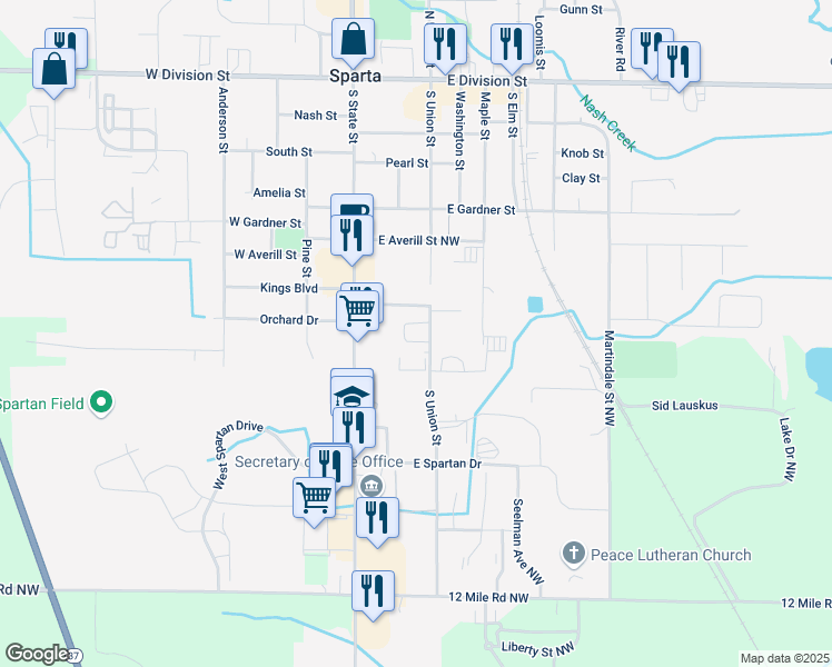 map of restaurants, bars, coffee shops, grocery stores, and more near 324-368 South Union Street Northwest in Sparta