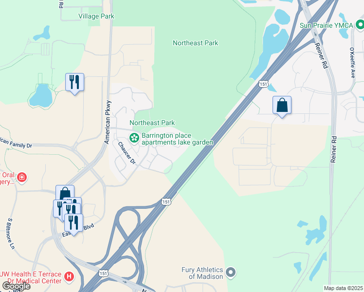 map of restaurants, bars, coffee shops, grocery stores, and more near 5401 Tancho Drive in Madison