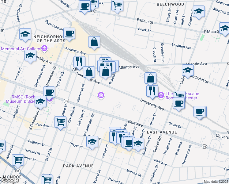 map of restaurants, bars, coffee shops, grocery stores, and more near 933 University Avenue in Rochester