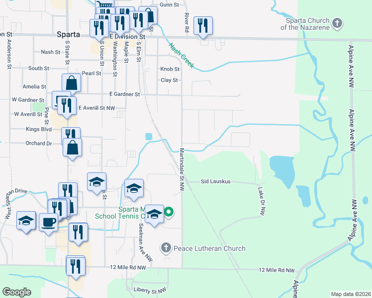 map of restaurants, bars, coffee shops, grocery stores, and more near 410 Tentree Street in Sparta