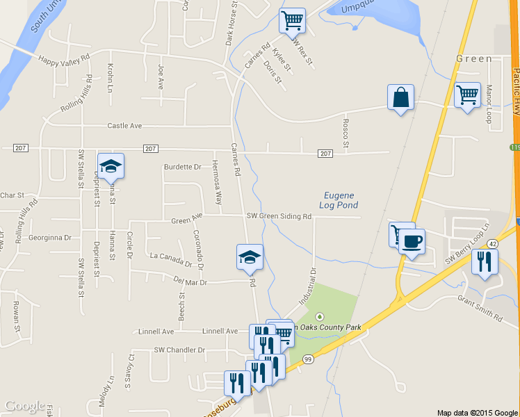 map of restaurants, bars, coffee shops, grocery stores, and more near 1842 Southwest Green Siding Road in Roseburg