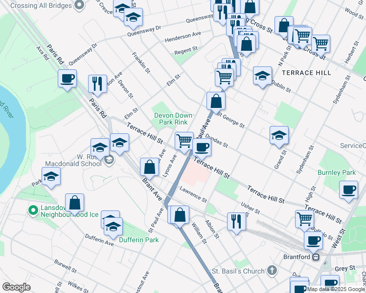 map of restaurants, bars, coffee shops, grocery stores, and more near 69 Lyons Avenue in Brantford