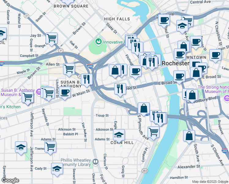map of restaurants, bars, coffee shops, grocery stores, and more near 191 West Broad Street in Rochester