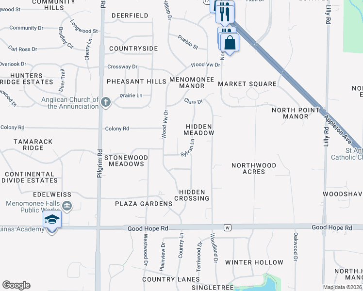 map of restaurants, bars, coffee shops, grocery stores, and more near W149N7483 Sylvan Lane in Menomonee Falls