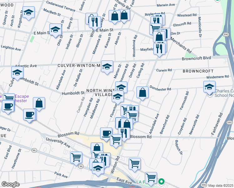 map of restaurants, bars, coffee shops, grocery stores, and more near 516 Humboldt Street in Rochester