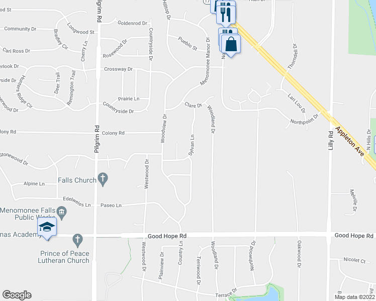 map of restaurants, bars, coffee shops, grocery stores, and more near W149N7483 Sylvan Lane in Menomonee Falls