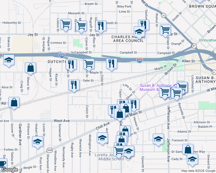 map of restaurants, bars, coffee shops, grocery stores, and more near 171 York Street in Rochester