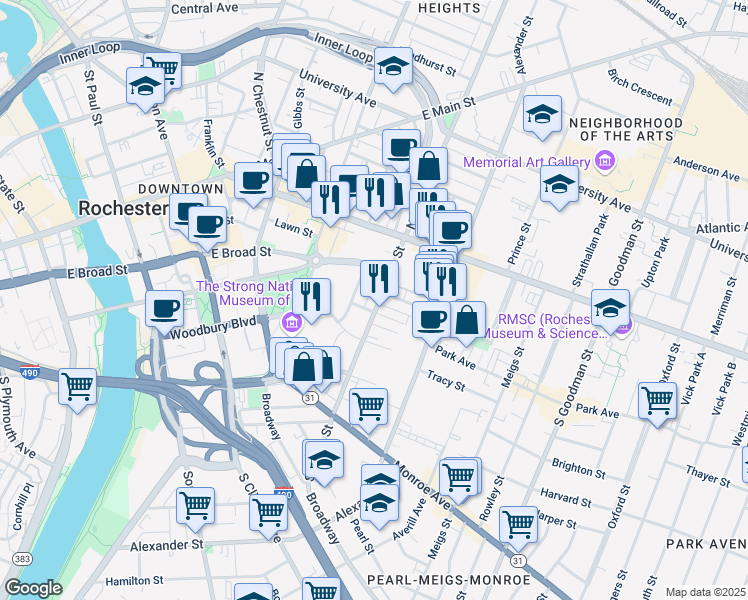 map of restaurants, bars, coffee shops, grocery stores, and more near 49 South Union Street in Rochester