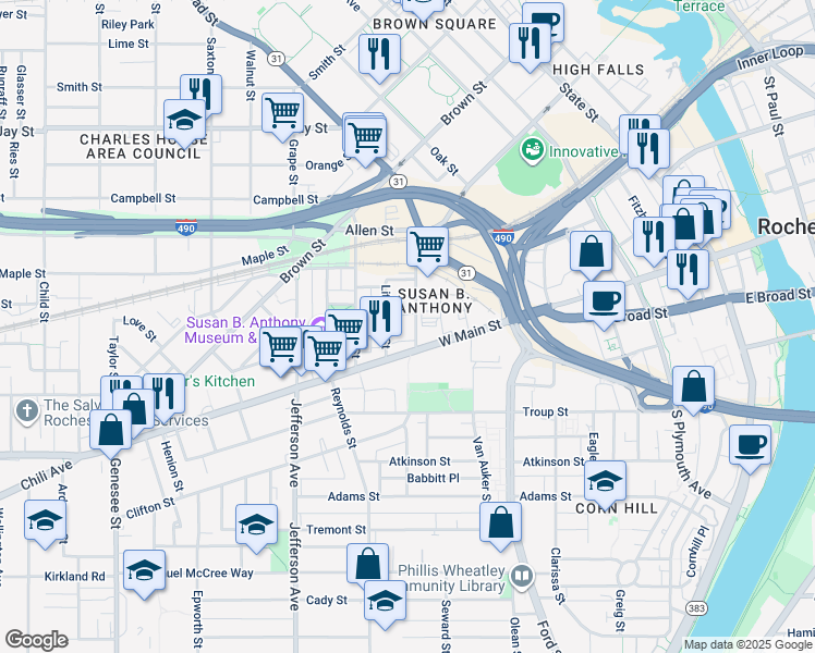 map of restaurants, bars, coffee shops, grocery stores, and more near 20 Litchfield Street in Rochester