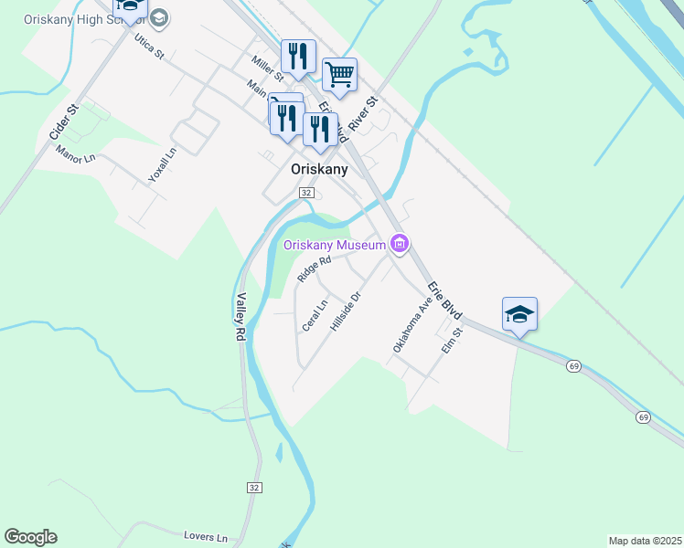 map of restaurants, bars, coffee shops, grocery stores, and more near 105 Sunray Terrace in Oriskany