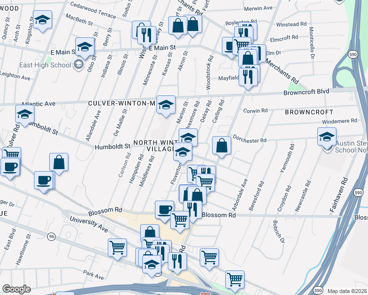 map of restaurants, bars, coffee shops, grocery stores, and more near 516 Humboldt Street in Rochester