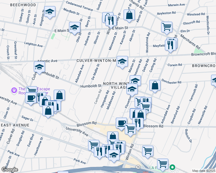 map of restaurants, bars, coffee shops, grocery stores, and more near 210 Hampden Road in Rochester