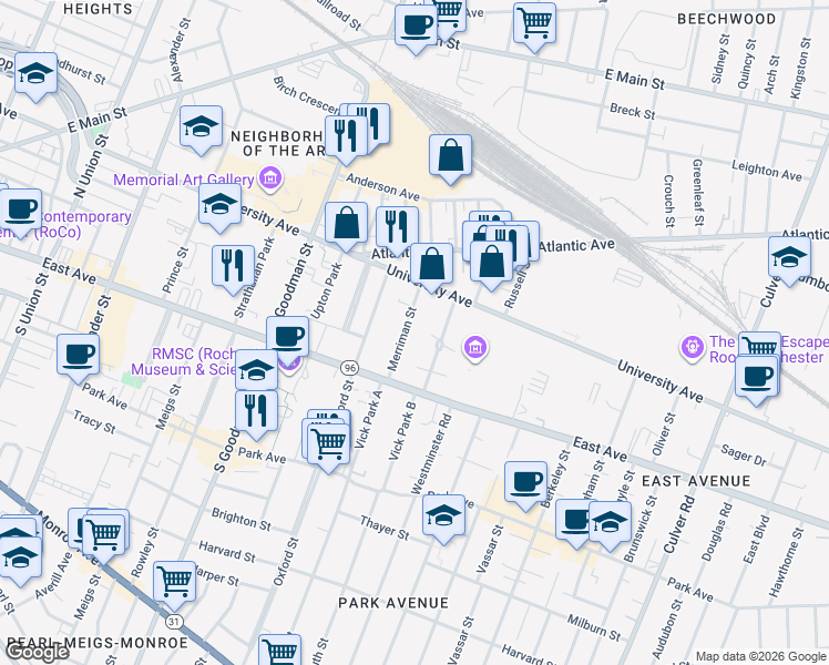 map of restaurants, bars, coffee shops, grocery stores, and more near 56 Merriman Street in Rochester