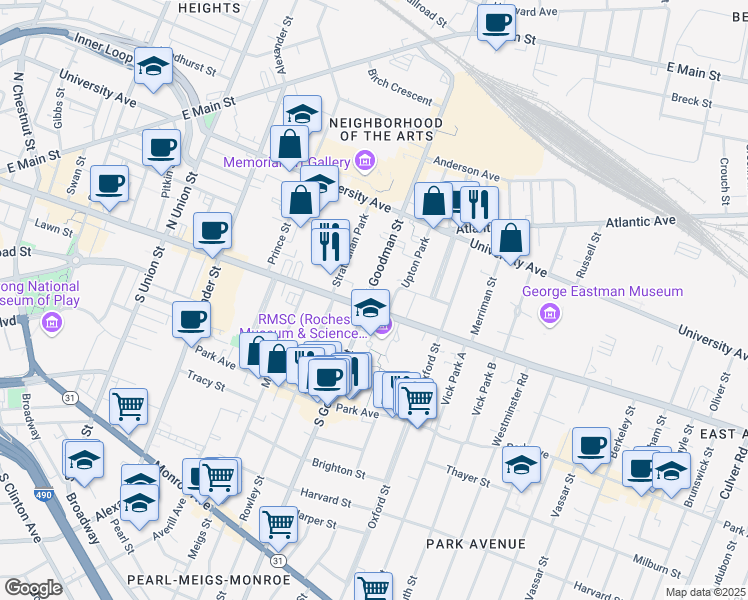 map of restaurants, bars, coffee shops, grocery stores, and more near 630 East Avenue in Rochester