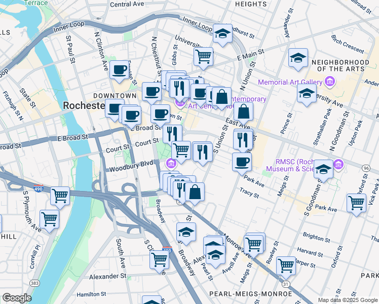 map of restaurants, bars, coffee shops, grocery stores, and more near 55 Savannah Street in Rochester
