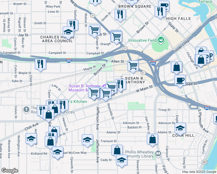 map of restaurants, bars, coffee shops, grocery stores, and more near 23 Madison Street in Rochester