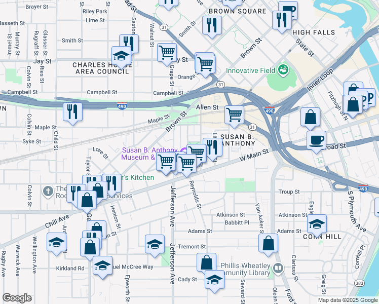 map of restaurants, bars, coffee shops, grocery stores, and more near 23 Madison Street in Rochester