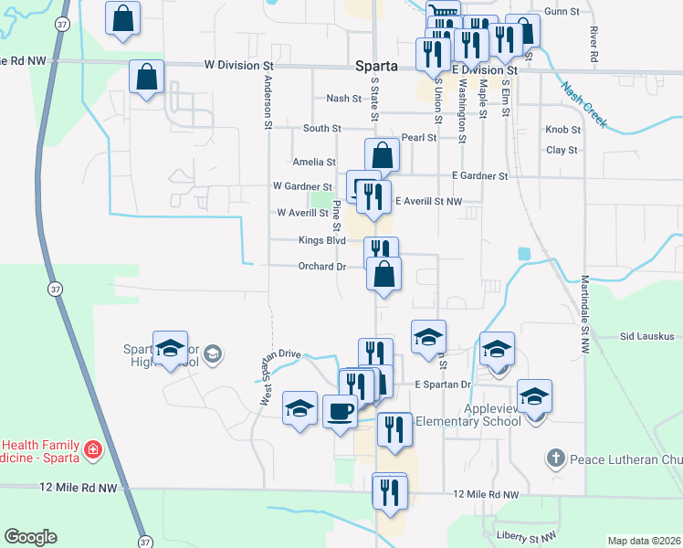 map of restaurants, bars, coffee shops, grocery stores, and more near 68 Orchard Drive in Sparta