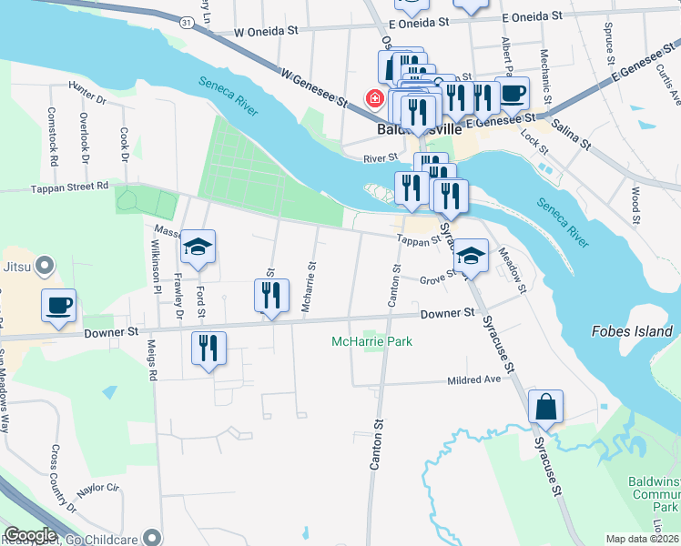 map of restaurants, bars, coffee shops, grocery stores, and more near 24 Seneca Street in Baldwinsville