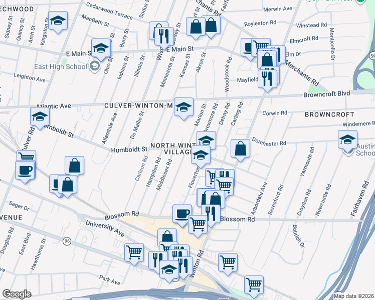 map of restaurants, bars, coffee shops, grocery stores, and more near 484 Humboldt Street in Rochester