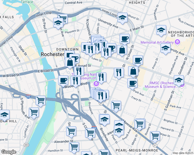 map of restaurants, bars, coffee shops, grocery stores, and more near 15 Manhattan Square Drive in Rochester