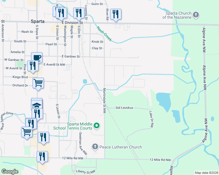 map of restaurants, bars, coffee shops, grocery stores, and more near 410 Tentree Street in Sparta