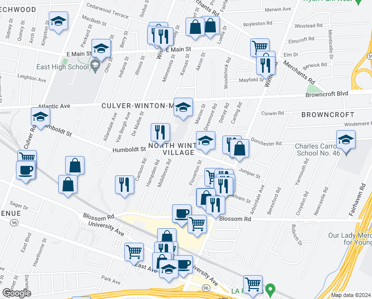 map of restaurants, bars, coffee shops, grocery stores, and more near 480 Humboldt Street in Rochester