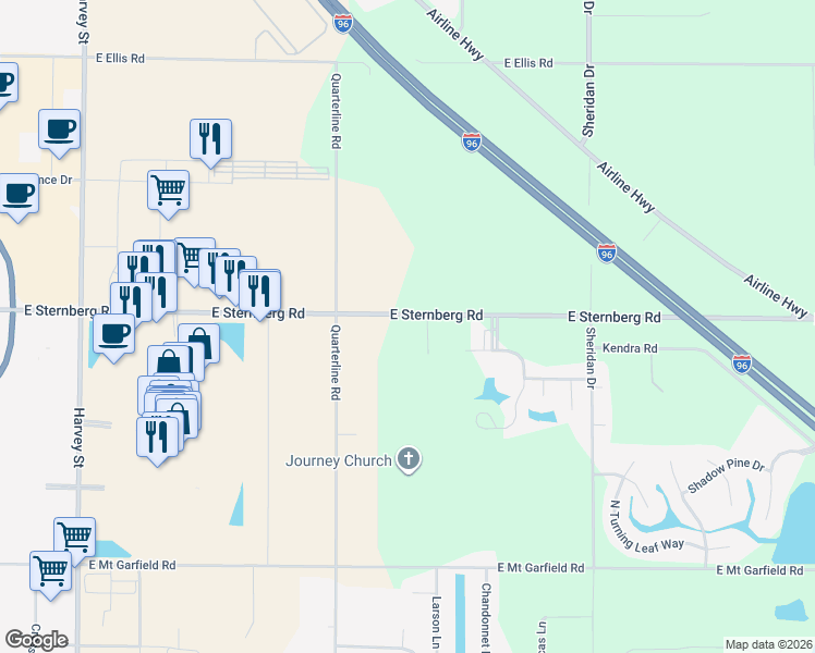 map of restaurants, bars, coffee shops, grocery stores, and more near 2115 East Sternberg Road in Muskegon