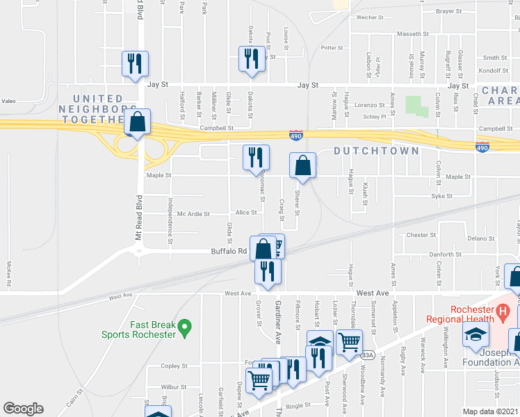 map of restaurants, bars, coffee shops, grocery stores, and more near 53 Potomac Street in Rochester