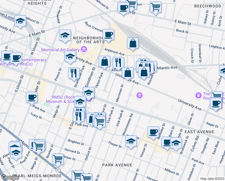 map of restaurants, bars, coffee shops, grocery stores, and more near 78 Oxford Street in Rochester
