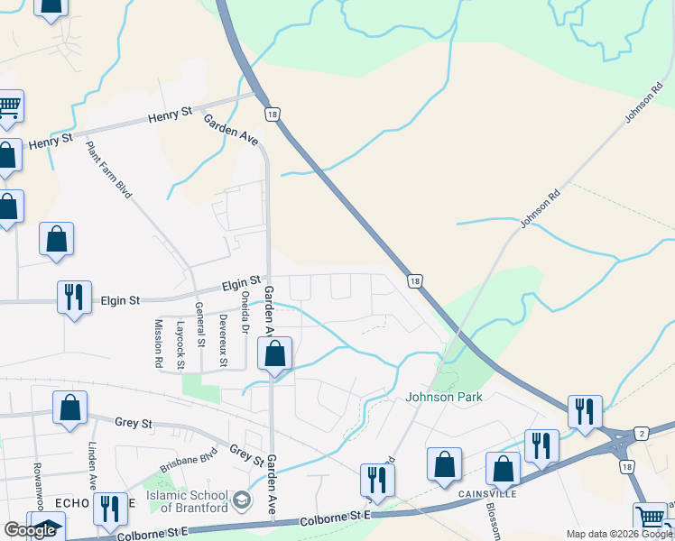map of restaurants, bars, coffee shops, grocery stores, and more near 8 Rowley Street in Brantford