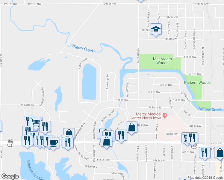 map of restaurants, bars, coffee shops, grocery stores, and more near 134 Parkridge Drive in Mason City