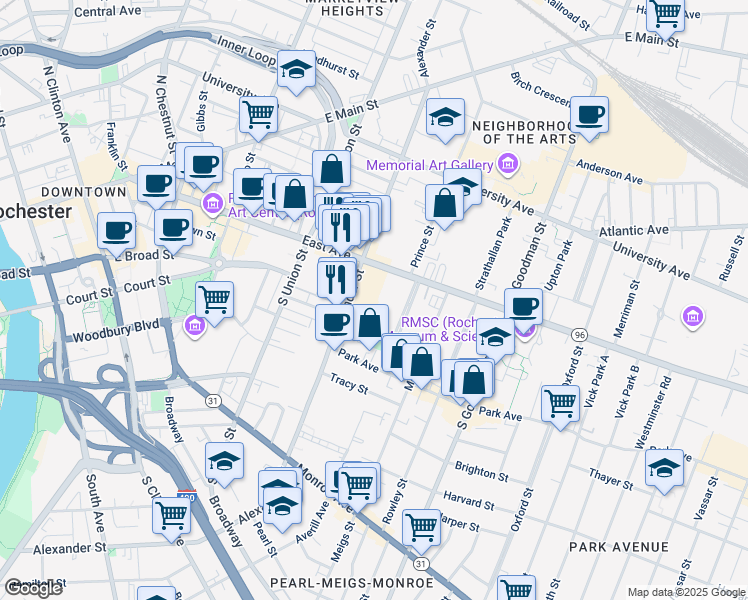 map of restaurants, bars, coffee shops, grocery stores, and more near 421 East Avenue in Rochester