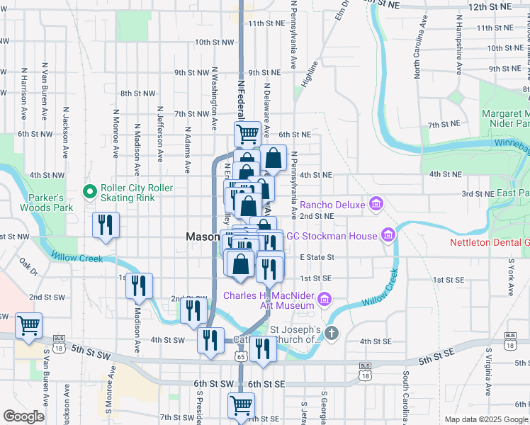 map of restaurants, bars, coffee shops, grocery stores, and more near 34 2nd Street Northeast in Mason City
