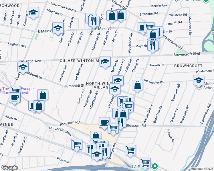 map of restaurants, bars, coffee shops, grocery stores, and more near in Rochester