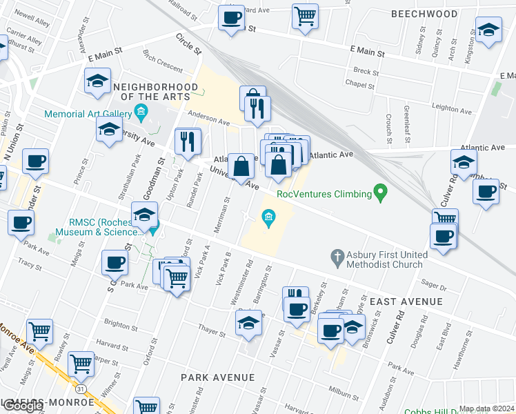 map of restaurants, bars, coffee shops, grocery stores, and more near 17 Portsmouth Terrace in Rochester