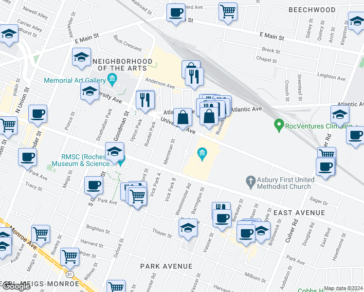 map of restaurants, bars, coffee shops, grocery stores, and more near 17 Portsmouth Terrace in Rochester