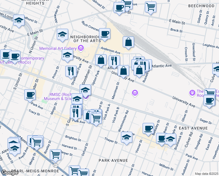 map of restaurants, bars, coffee shops, grocery stores, and more near 97 Oxford Street in Rochester