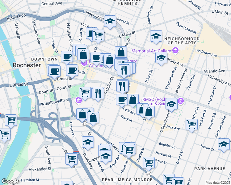 map of restaurants, bars, coffee shops, grocery stores, and more near 49e Gardiner Park in Rochester