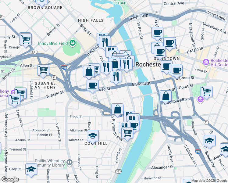 map of restaurants, bars, coffee shops, grocery stores, and more near 85 West Broad Street in Rochester