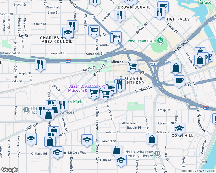 map of restaurants, bars, coffee shops, grocery stores, and more near 23 Madison Street in Rochester