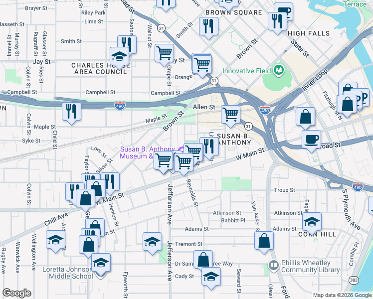 map of restaurants, bars, coffee shops, grocery stores, and more near 23 Madison Street in Rochester