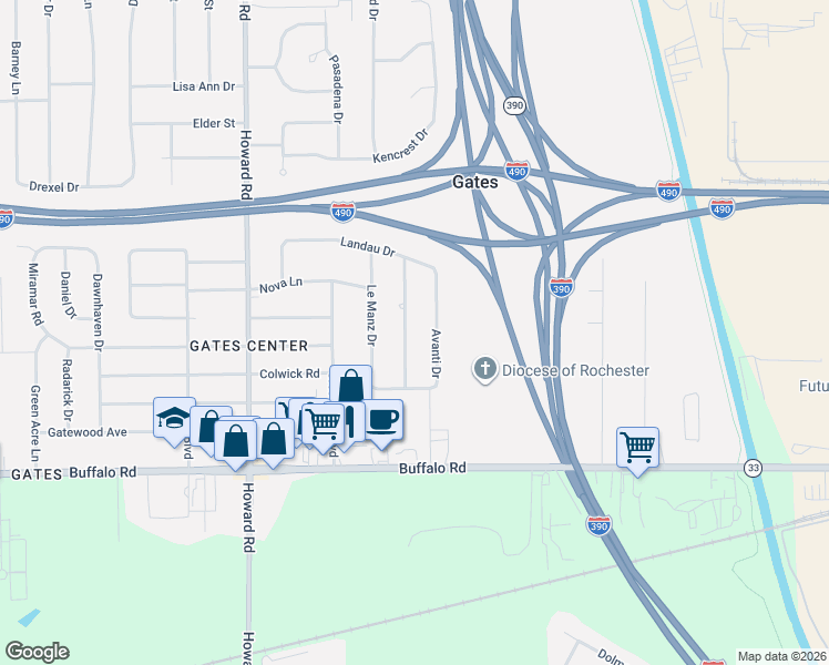 map of restaurants, bars, coffee shops, grocery stores, and more near 69 Landau Drive in Rochester