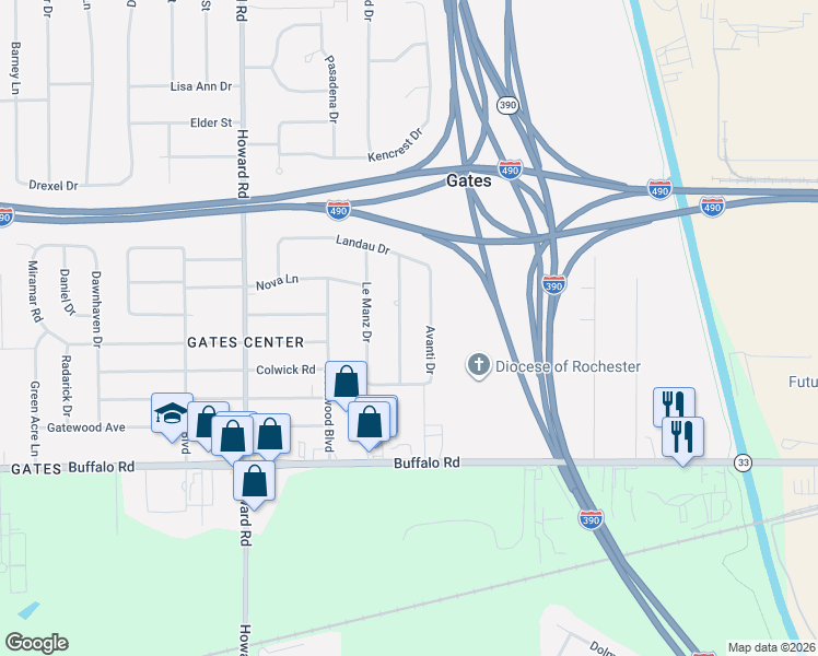 map of restaurants, bars, coffee shops, grocery stores, and more near 69 Landau Drive in Rochester