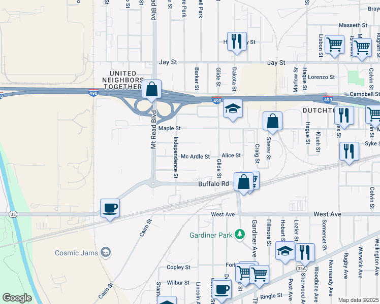 map of restaurants, bars, coffee shops, grocery stores, and more near 84 Mc Ardle Street in Rochester